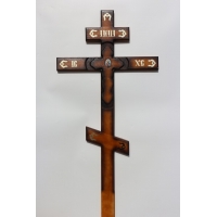 Крест на могилу лакированный резной с керамической иконой, h=2 м. (Р64)